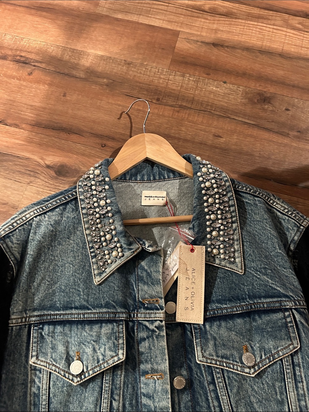 Alice + Olivia Blue Denim Jacket with Black Lace Sleeves and Crystal Trim - Picture 4 of 5